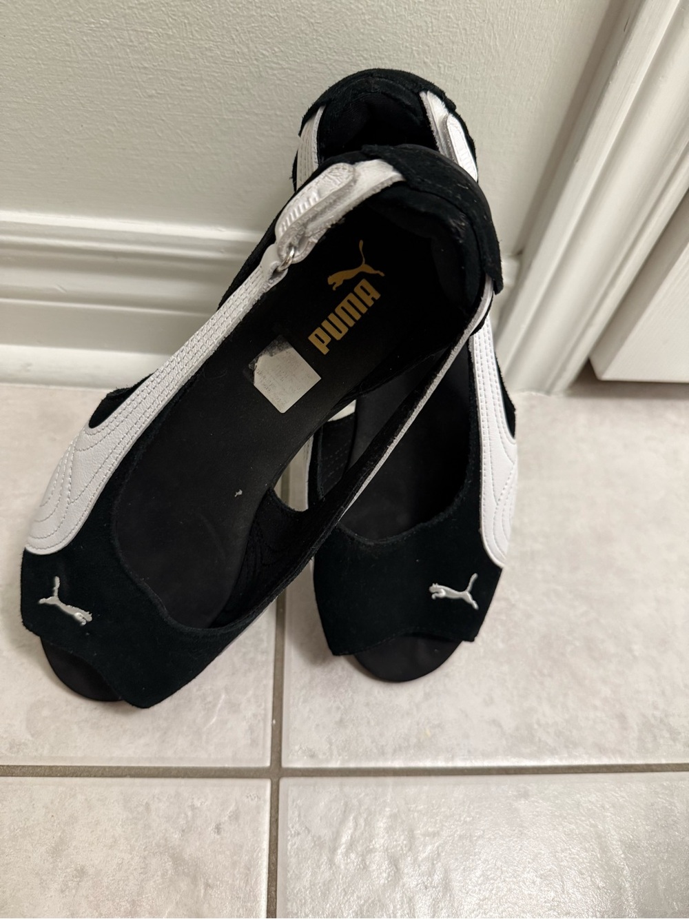 Puma Black and White Peep-Toe Slingback Mules